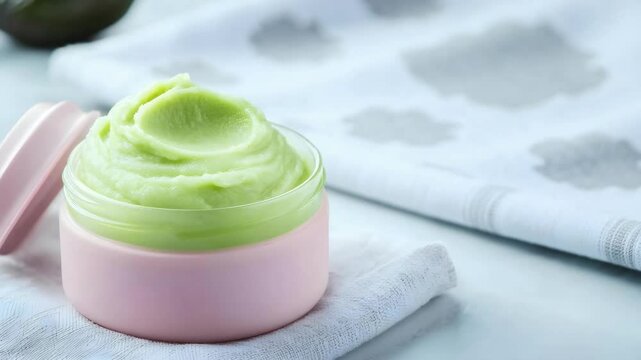 A light green creamy moisturizer in a pink jar, placed on a soft cloth with a subtle patterned background.