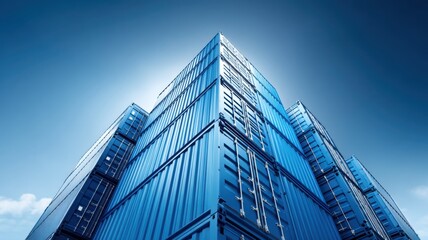 Fototapeta premium Ecommerce, Online Business. Modern skyscraper with a striking blue facade under a clear sky.