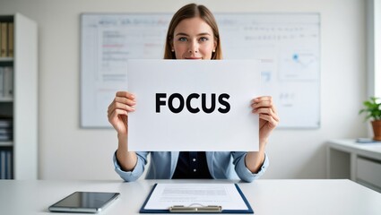 Empowering Professional Woman Holding a Sign with 'Focus' While Sitting at a Desk in a Modern Office Environment