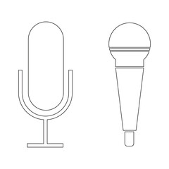 Microphone icon set. Different microphone collection. Podcast mike, journalist microphone, karaoke, conference and wireless variety types design. Eps 10