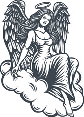 Elegant Angel Seated on a Cloud with Wings and Halo Illustration