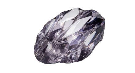 Polished purple gemstone with intricate facets on white background  