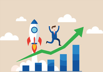 Business success, growth concept, happy businessman celebrating progress, rocket launching, increasing bar chart, upward trend, motivation, career development, positive business strategy