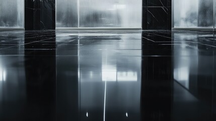 Polished black marble floor reflecting modern architecture.