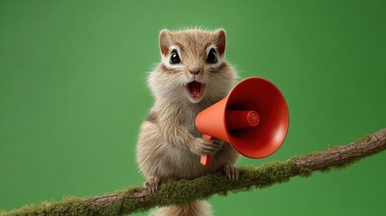 A cute squirrel holding a megaphone, set against a vibrant green background.