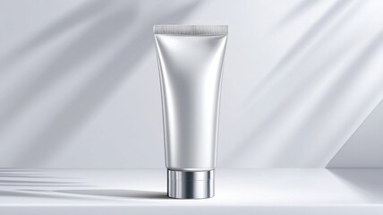 Sleek, silver cosmetic tube on a minimalist surface with soft shadows.
