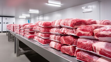 Meat products neatly packaged and stored in a cold storage facility.