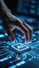 Exploring the Intersection of Technology and Artificial Intelligence: A Close-Up on a Hand Interacting with a Digital AI Processor Amidst Circuit Patterns