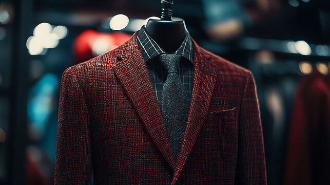 Elegant red plaid suit jacket displayed on mannequin in storefront with stylish shirt and tie