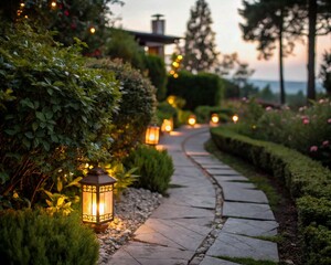 Obraz premium christmas tree in the city, Charming Garden Pathway with Lantern Lights at Dusk