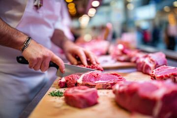 Butcher preparing fresh meat at a market counter