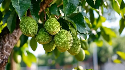 Green fruits growing on tree branch outdoors in sunlight