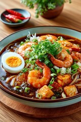 Bowl of spicy noodle soup with shrimp