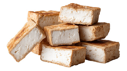 Fried tofu pieces isolated on transparent background showing crispy texture and soft inside
