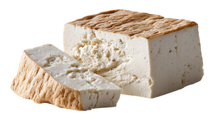 Soft tofu block isolated on transparent background with piece cut showing texture