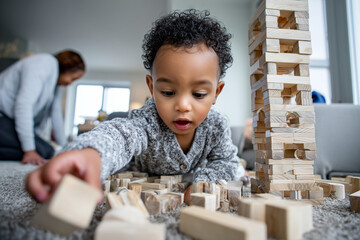 toddler of mixed-race parents playing with building blocks, natural indoor light, 