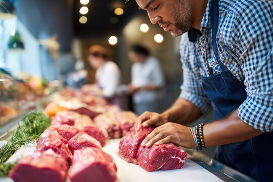 Butcher preparing fresh meat at a market counter - Powered by Adobe