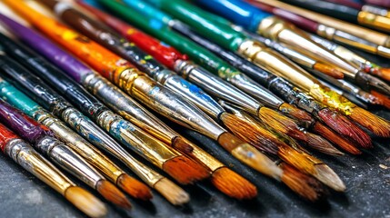 Obraz premium A variety of colorful paintbrushes arranged on a dark surface for artistic use