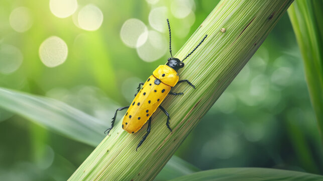 Exploring yellow beetle behavior in lush green habitat close-up photography nature macro environment