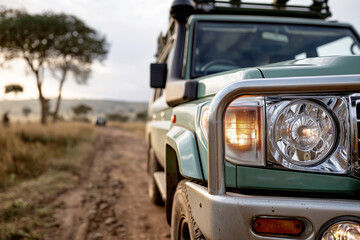 Fototapeta premium Close up, Kenya. Safari vehicle in Masai Mara National Reserve