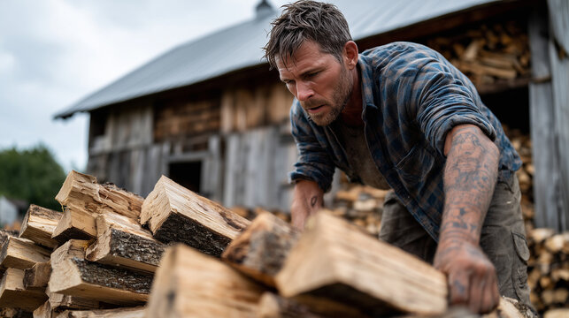 man stacking firewood by old barn, sweat on brow, rural summer work atmosphere