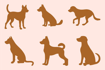 Dog silhouettes. A collection of dog silhouettes in various poses and breeds. Brown puppy or pet animal shadow symbol silhouettes set. 