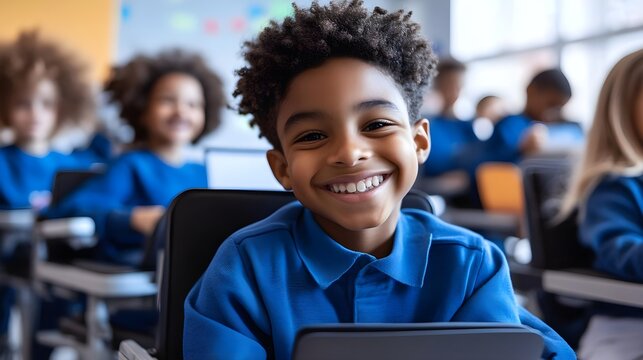 Schoolboy, African american, Child, Happy African American schoolboy in classroom using tablet