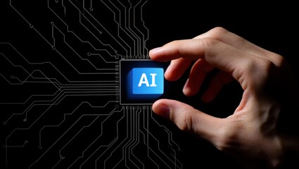 Exploring the Integration of Artificial Intelligence in Technology through a Close-Up of a Hand Interacting with a Chip Symbolizing AI Innovation