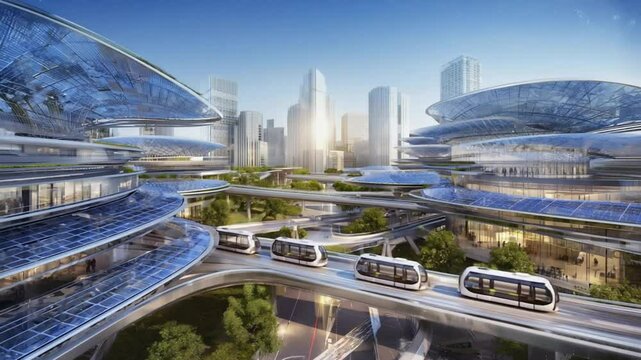A futuristic city skyline with advanced architecture and smart transportation systems, symbolizing innovation, urban development, and intelligent infrastructure. Ideal for sci-fi or technology.