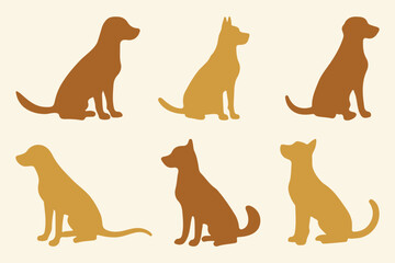 Dog silhouettes. A collection of dog silhouettes in various poses and breeds. Brown puppy or pet animal shadow symbol silhouettes set. 