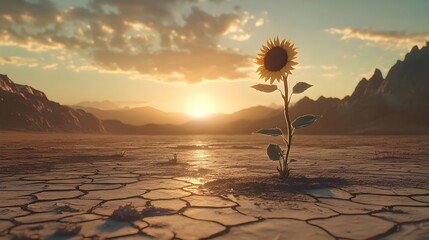 Sunflower, Sunset, Dry landscape, Sunflower at Sunset in a Dry, Cracked Landscape