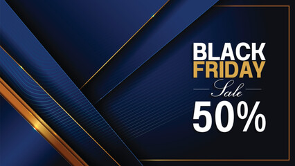 Black Friday sale 50 percent off blue and gold background, vertical banner template for social media promotion, digital marketing poster for product brand and store advertisement.