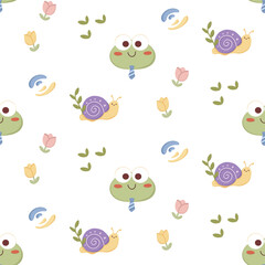 Cute baby frog and snail seamless pattern