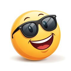 Happy yellow emoticon wearing black sunglasses, smiling broadly, joyful expression, cheerful mood, digital illustration
