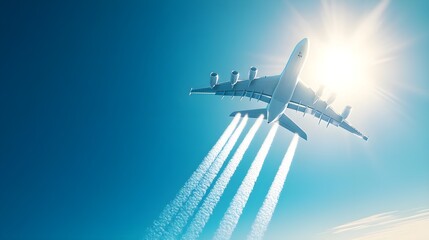 Fototapeta premium Airplane, Aeroplane, Aircraft, Airplane Flying High Above the Clouds in Bright Sunlight