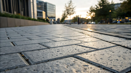 Textured grey pavement at sunset with blurred modern city buildings in the background