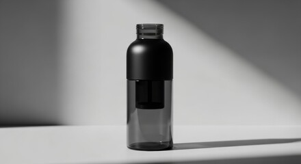 Minimalist black and grey water bottle with infuser, studio shot with soft lighting