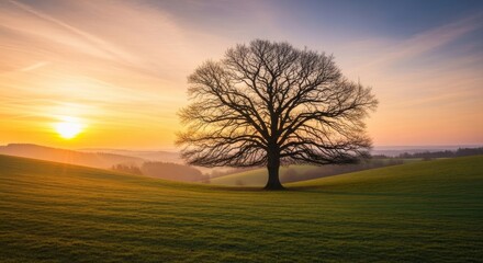 Naklejka premium Majestic Silhouette of a Bare Tree at Sunset on Rolling Green Hills
