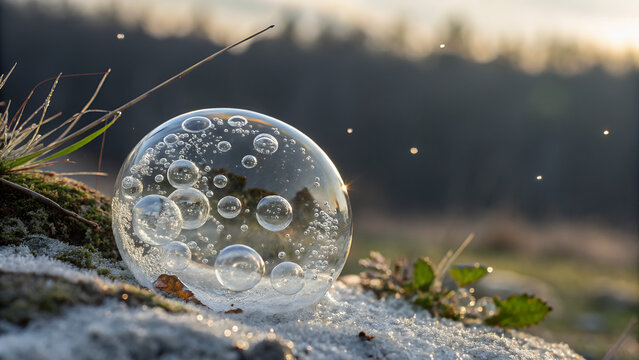 Frozen soap bubble with internal air bubbles on frosty ground at sunset
