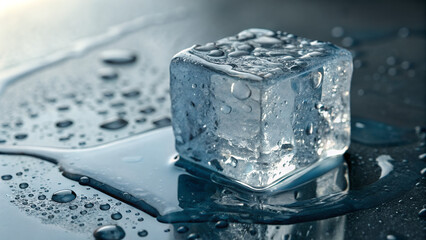 Melting ice cube with water droplets and a puddle on a dark reflective surface