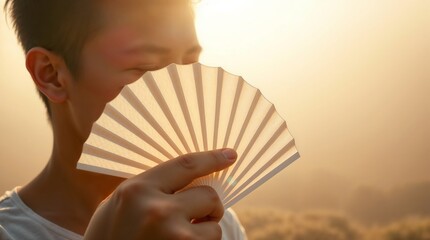 Young man fanning his face in summer heat with sunset background, Hand Fanning Face in Summer Heat, Summer skincare product ads, heatwave awareness posts 