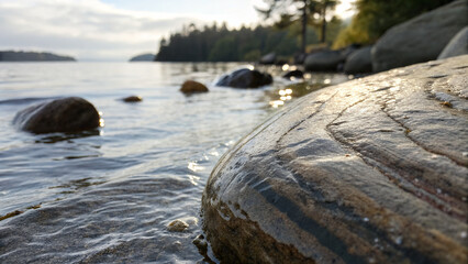 Fototapeta premium Wet rocks on a calm lake shore with trees and distant islands at sunset