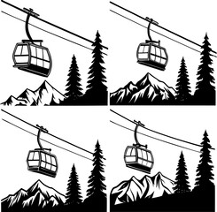 Ski resort vector illustration with ski lift silhouette and mountain landscape