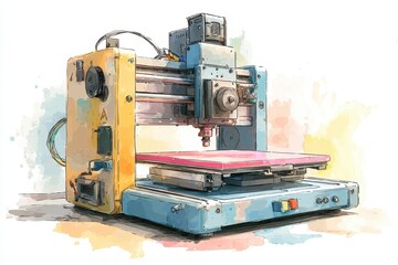 A watercolor-style illustration of a 3D printer with a yellow and blue frame actively printing an object on its flat platform.