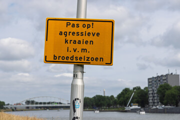 An orange warning sign in the Netherlands alerts passersby to aggressive crows during breeding...