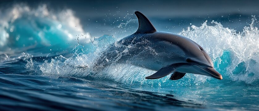 Dolphin leaping in turquoise waves
