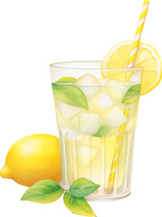 A glass of lemonade with lemon slices and ice, painted in watercolor. Refreshing design for summer and drink themes.