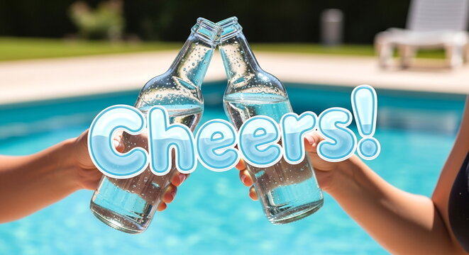 Summer poolside toast with Cheers text graphic overlay