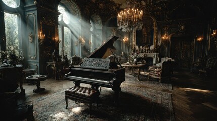 Baroque Salon with Grand Piano Bathed in Sunlight and Surrounded by Ornate Elegance