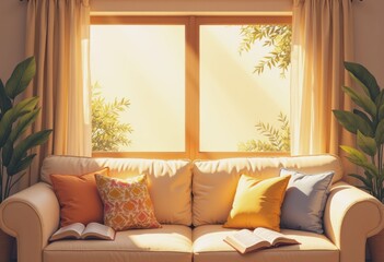 Sunbeam illuminating a cozy sofa with a family book resting on it